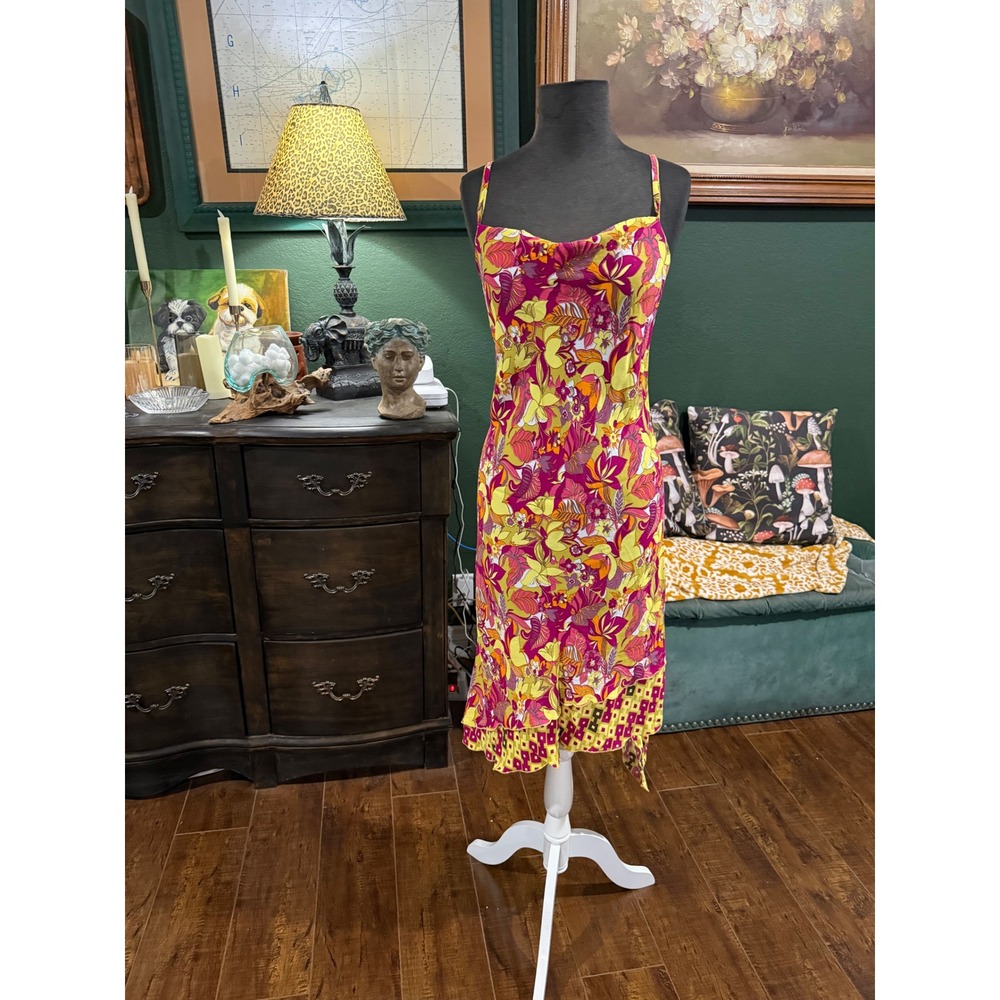 Public Relations Floral Cowl Neck Midi‎ Dress Pink Yellow Handkerchief Hem Large